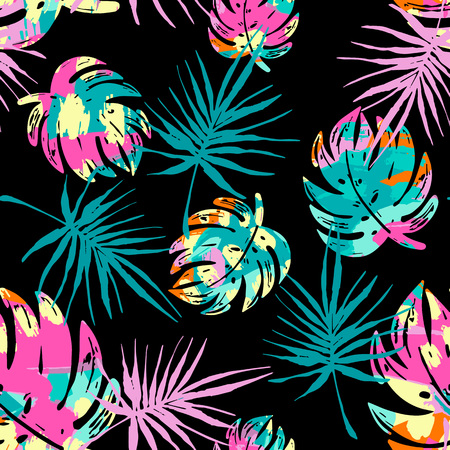 Exotic seamless tropical pattern.Textile ink brush strokes design in doodle grunge texture style.Unique scrapes, watercolor blotted background for a logo, cards, invitations, posters, banners.のイラスト素材