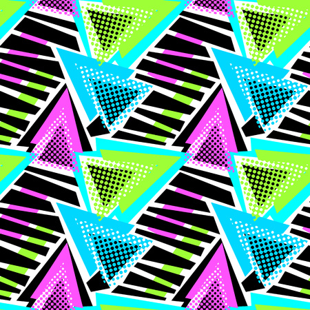 Abstract geometric triangles seamless background.Memphis style neon colors.のイラスト素材