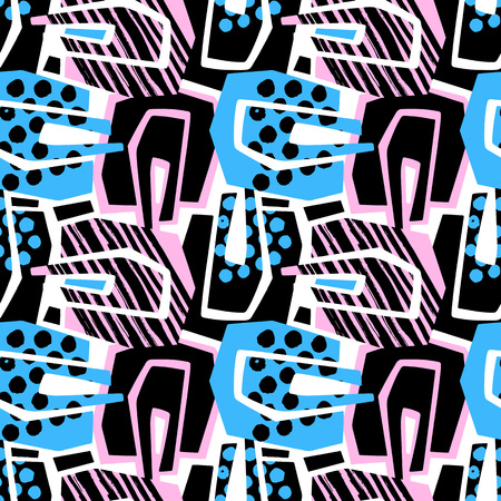 Abstract geometrical seamless rough grunge pattern, modern design template.Hipster painted style texture, poster with different doodle lines and overlapping brush strokes.Urban bright textiles sampleのイラスト素材