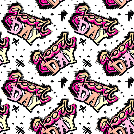 Funky curved lines graffiti seamless hand craft expressive ink hipster pattern.Grunge urban dynamic expressive bright painting.Print for textile,apparel, wrapping paper.のイラスト素材
