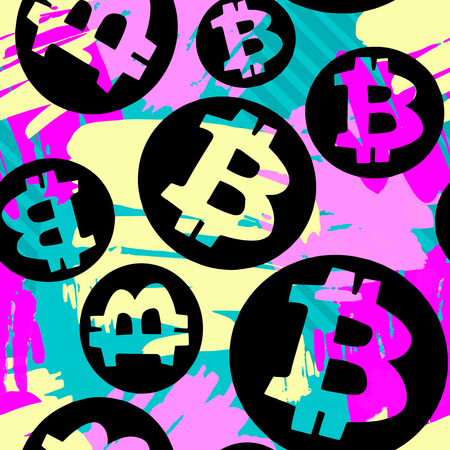 Bitcoin crypto trade seamless pattern.Artistic design with authentic,unique scrapes, watercolour blotted background for a logo, cards, invitations, posters,bannersのイラスト素材