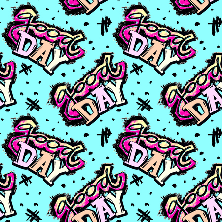 Funky curved lines graffiti seamless hand craft expressive ink hipster pattern.Grunge urban dynamic expressive bright painting.Print for textile,apparel, wrapping paper.のイラスト素材