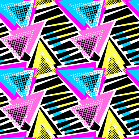 Abstract geometric triangles seamless background.Memphis style neon colors.のイラスト素材