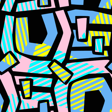 Abstract geometrical seamless rough grunge pattern, modern design template.Hipster painted style texture, poster with different doodle  lines and overlapping brush strokes.Urban bright textiles sampleのイラスト素材