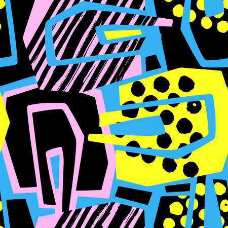 Abstract geometrical seamless rough grunge pattern, modern design template.Hipster painted style texture, poster with different doodle lines and overlapping brush strokes.Urban bright textiles sampleのイラスト素材