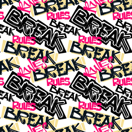 Hipster funky t-shirt girls motivation print in graffiti urban style.Break rules slogan.Brush pen hand drawn calligraphic doodle texture. Perfect for banners,fabric, textile,apparel designのイラスト素材