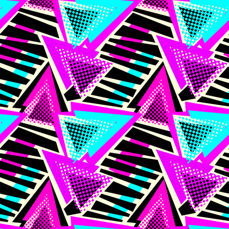 Abstract geometric triangles seamless background.Memphis style neon colors.のイラスト素材