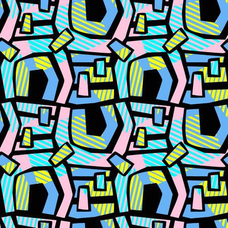Abstract geometrical seamless rough grunge pattern, modern design template.Hipster painted style texture, poster with different doodle  lines and overlapping brush strokes.Urban bright textiles sampleのイラスト素材