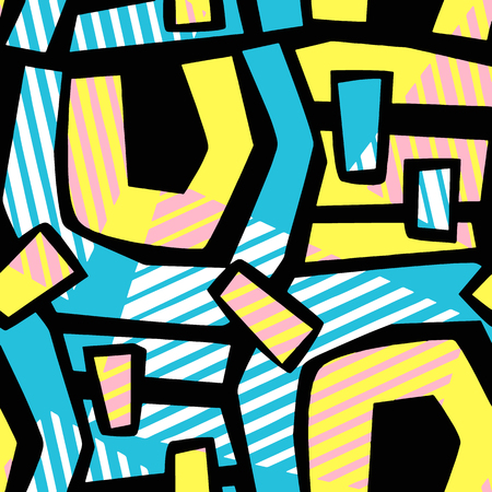 Abstract geometrical seamless rough grunge pattern, modern design template.Hipster painted style texture, poster with different doodle  lines and overlapping brush strokes.Urban bright textiles sampleのイラスト素材