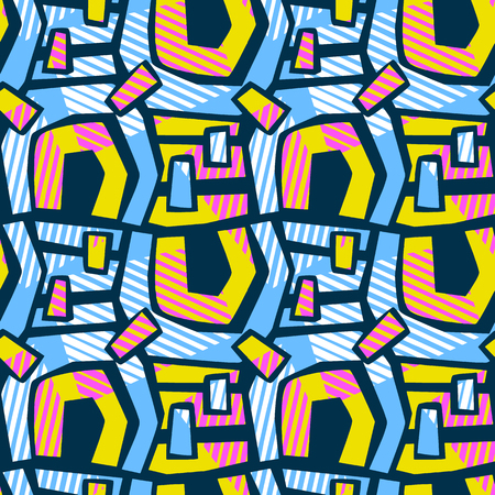 Abstract geometrical seamless rough grunge pattern, modern design template.Hipster painted style texture, poster with different doodle  lines and overlapping brush strokes.Urban bright textiles sampleのイラスト素材