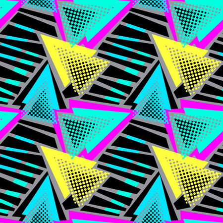 Abstract geometric triangles seamless background.Memphis style neon colors.のイラスト素材