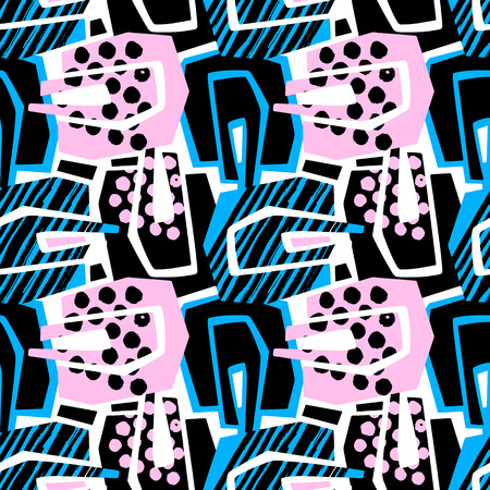 Abstract geometrical seamless rough grunge pattern, modern design template.Hipster painted style texture, poster with different doodle lines and overlapping brush strokes.Urban bright textiles sampleのイラスト素材