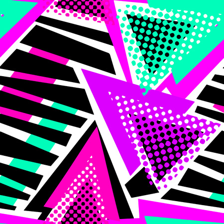 Abstract geometric triangles seamless background.Memphis style neon colors.のイラスト素材
