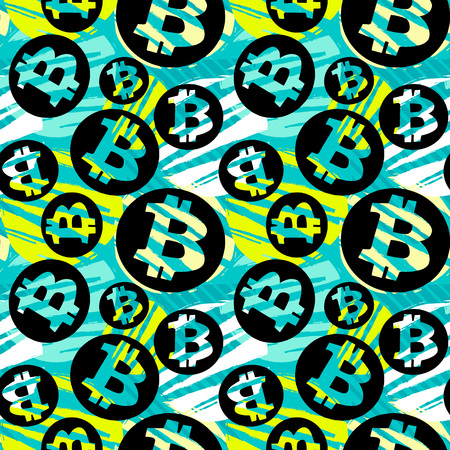 Bitcoin crypto trade seamless pattern.Artistic design with authentic,unique scrapes, watercolour blotted background for a logo, cards, invitations, posters,bannersのイラスト素材