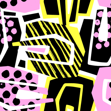 Abstract geometrical seamless rough grunge pattern, modern design template.Hipster painted style texture, poster with different doodle lines and overlapping brush strokes.Urban bright textiles sampleのイラスト素材