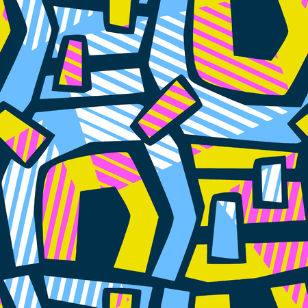 Abstract geometrical seamless rough grunge pattern, modern design template.Hipster painted style texture, poster with different doodle  lines and overlapping brush strokes.Urban bright textiles sampleのイラスト素材