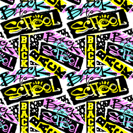 Back school seamless pattern.Hand craft expressive ink hipster pattern.Grunge urban dynamic expressive bright painting.Print for textile,apparel, wrapping paper.のイラスト素材