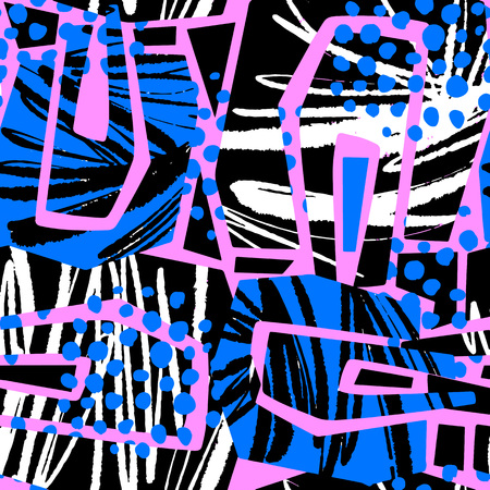 Abstract geometrical seamless rough grunge pattern, modern design template. Hipster hypebeast painted style texture, poster with different doodle elements.Urban bright youth textiles sampleのイラスト素材