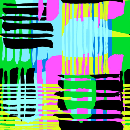 Abstract geometrical seamless rough grunge pattern, modern design template. Hipster hypebeast painted style texture, poster with different doodle elements.Urban bright youth textiles sampleのイラスト素材