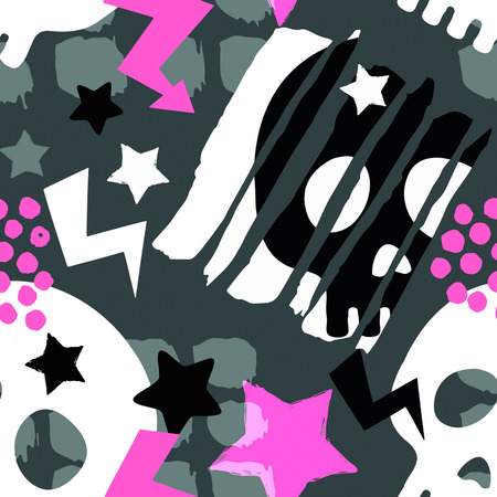 Skull funky seamless rough grunge pattern, modern design template. Hipster trendy painted style texture, poster with different doodle elements.Urban bright youth textiles sampleのイラスト素材