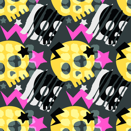 Skull funky seamless rough grunge pattern, modern design template. Hipster trendy painted style texture, poster with different doodle elements.Urban bright youth textiles sampleのイラスト素材
