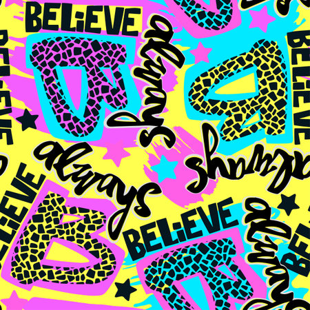 Always Believe hand drawn inspirational lettering.Expressive funky calligraphy ink poster.Handwritten modern brush design for t shirt. Hipster trendy style,urban bright youth textiles sampleのイラスト素材