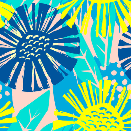 Seamless vector flkoral pattern. Brush pen hand drawn doodle abstract diagonal flower shapes...