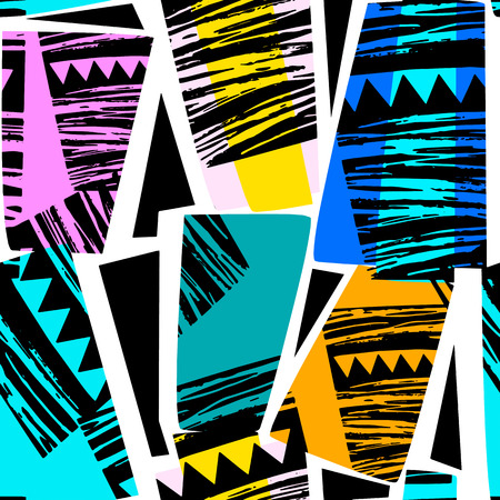 Abstract geometrical seamless rough grunge pattern, modern design template. Hipster trendy painted style texture, poster with different doodle elements.Urban bright youth textiles sampleのイラスト素材