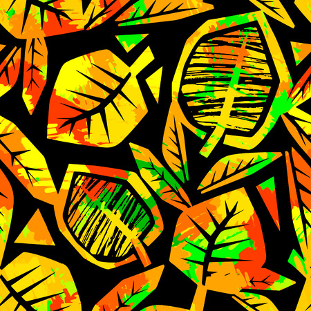 Autumn leaves seamless pattern. Trendy painted style texture,bright  print with different doodle elements.のイラスト素材