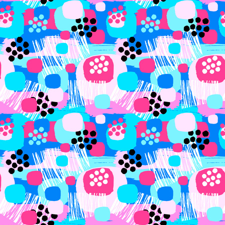 Abstract floral seamless rough grunge pattern, modern design template.  Hipster trendy painted style texture, poster with different doodle elements.Urban bright youth textiles sampleのイラスト素材