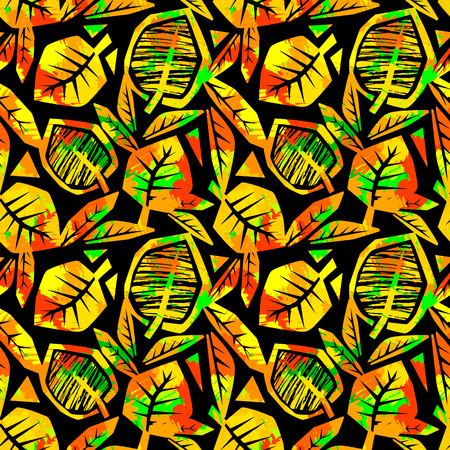Autumn leaves seamless pattern. Trendy painted style texture,bright  print with different doodle elements.のイラスト素材