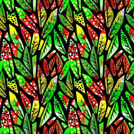 Autumn leaves seamless pattern. Trendy painted style texture,bright  print with different doodle elements.のイラスト素材