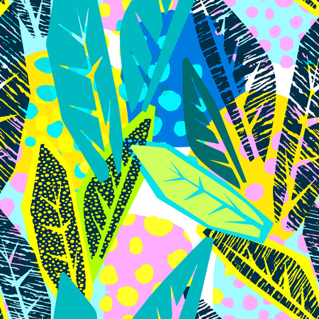 Abstract floral seamless rough grunge pattern, modern design template.  Hipster trendy painted style texture, poster with different doodle elements.Urban bright youth textiles sampleのイラスト素材