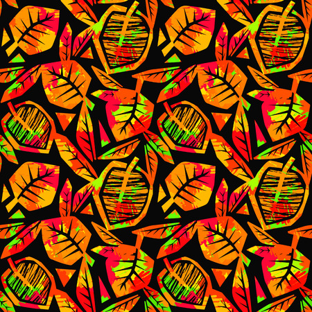 Autumn leaves seamless pattern. Trendy painted style texture,bright  print with different doodle elements.のイラスト素材