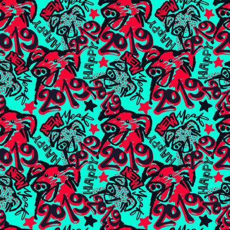 2019 Chinese Zodiac Sign Year of Pig Funky Print , Seamless Pig puttern, Happy New Year Graphicのイラスト素材