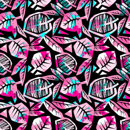 Autumn leaves seamless pattern. Trendy painted style texture,bright  print with different doodle elements.のイラスト素材