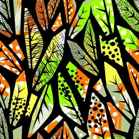 Autumn leaves seamless pattern. Trendy painted style texture,bright  print with different doodle elements.のイラスト素材