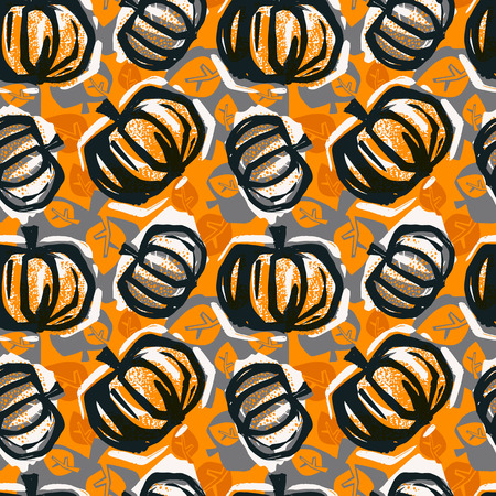 Thanksgiving pumpkin seamless pattern.Trendy painted style texture, poster with different doodle elements.Urban bright textiles sampleのイラスト素材