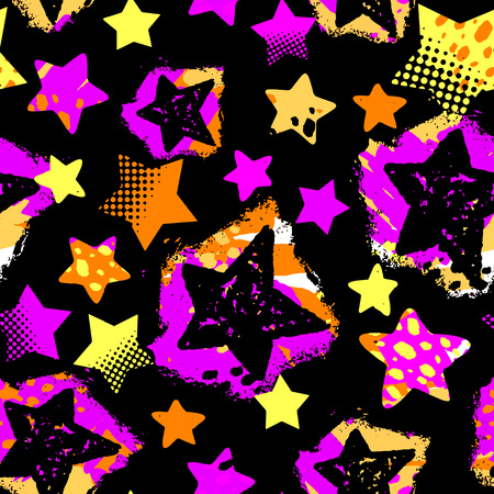 Stars seamless print,textile ink brush strokes design in doodle grunge texture style.Unique scrapes, watercolor blotted backgroundのイラスト素材