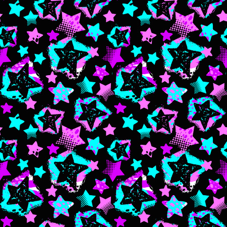 Stars seamless print,textile ink brush strokes design in doodle grunge texture style.Unique scrapes, watercolor blotted backgroundのイラスト素材