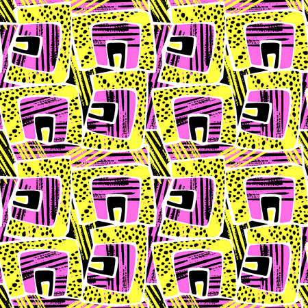 Retro geometric seamless pattern,textile ink brush strokes design in doodle grunge texture style.Unique scrapes, watercolor blotted backgroundのイラスト素材