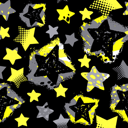 Stars seamless print,textile ink brush strokes design in doodle grunge texture style.Unique scrapes, watercolor blotted backgroundのイラスト素材