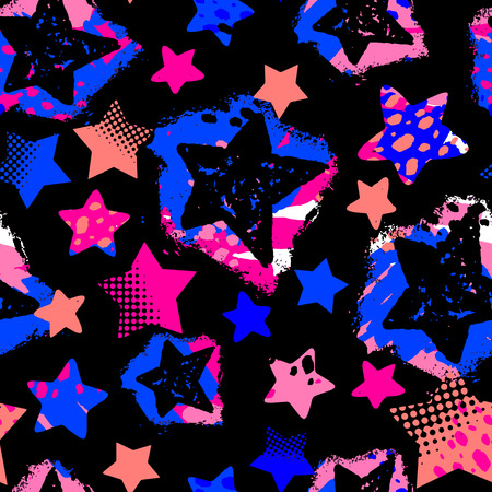 Stars seamless print,textile ink brush strokes design in doodle grunge texture style.Unique scrapes, watercolor blotted backgroundのイラスト素材