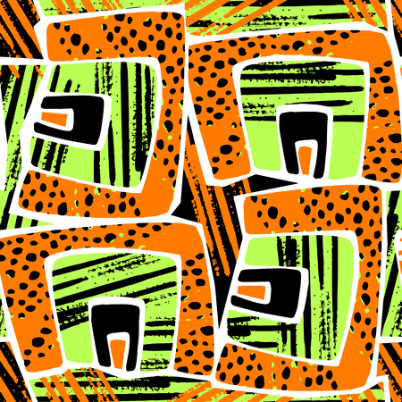 Retro geometric seamless pattern,textile ink brush strokes design in doodle grunge texture style.Unique scrapes, watercolor blotted backgroundのイラスト素材
