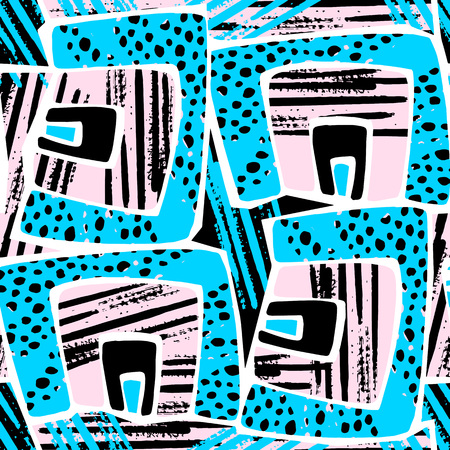 Retro geometric seamless pattern,textile ink brush strokes design in doodle grunge texture style.Unique scrapes, watercolor blotted backgroundのイラスト素材