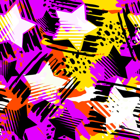 Stars seamless print,textile ink brush strokes design in doodle grunge texture style.Unique scrapes, watercolor blotted backgroundのイラスト素材
