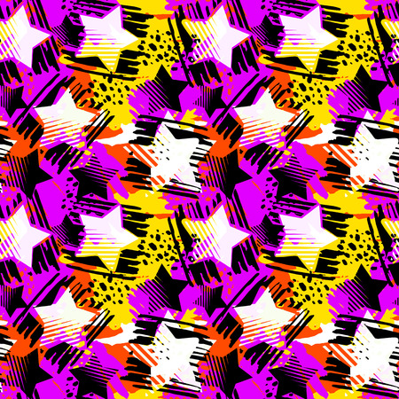 Stars seamless print,textile ink brush strokes design in doodle grunge texture style.Unique scrapes, watercolor blotted backgroundのイラスト素材
