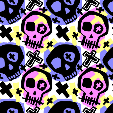 Skull funky boys and girls apparel modern print.Seamless graffiti style painting, halloween background wallpaperのイラスト素材