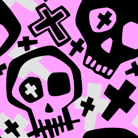 Skull funky boys and girls apparel modern print.Seamless graffiti style painting, halloween background wallpaperのイラスト素材