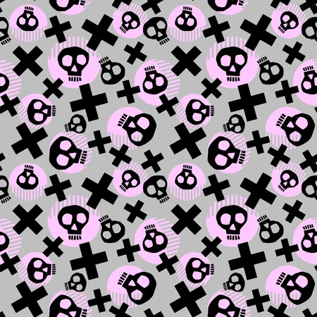Punk seamless pattern with grunge bold painted  funky skulls. Rock and Roll cartoon doodle style print, youth  bright dynamic geometric motif, graffiti style of modern knitwear, swimwear, leggingsのイラスト素材